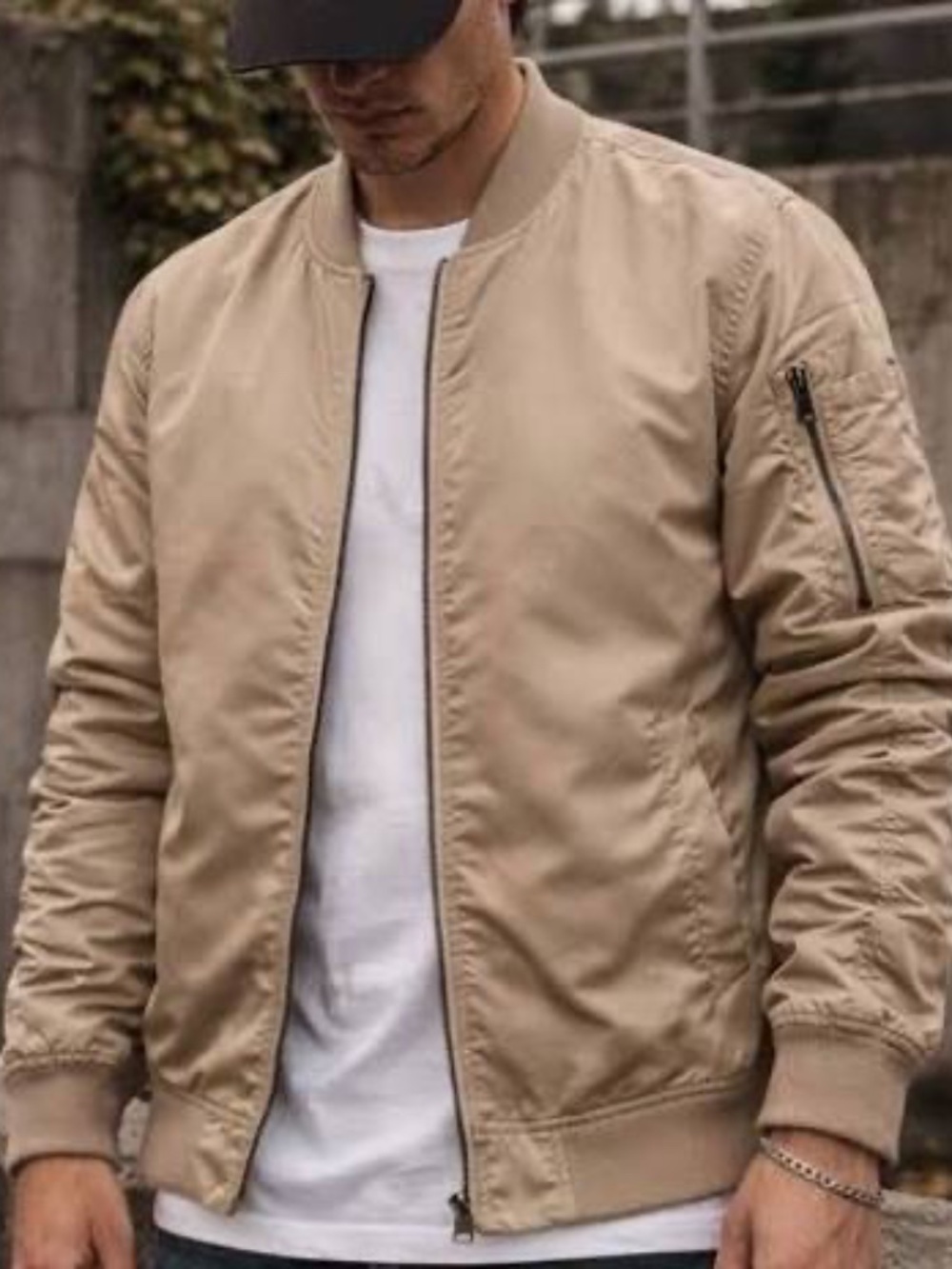 Elwood Beige Satin Bomber Jacket Ruched Sleeves Cargo Flight Top Mens L Fits XL
